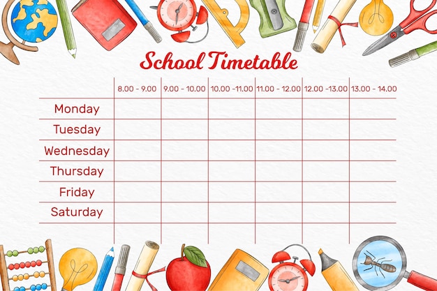 Watercolor back to school timetable