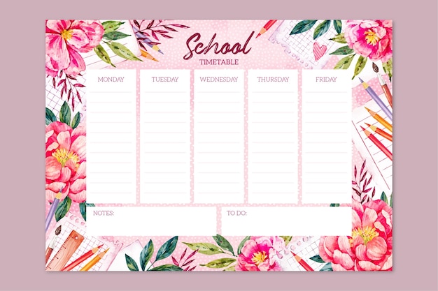 Free vector watercolor back to school timetable