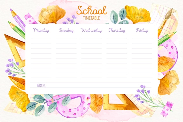 Watercolor back to school timetable