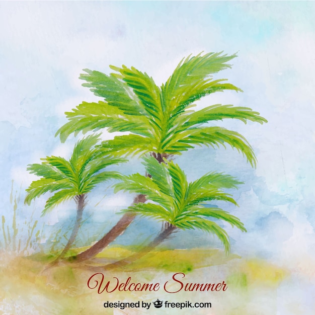 Watercolor background of beach with palm trees