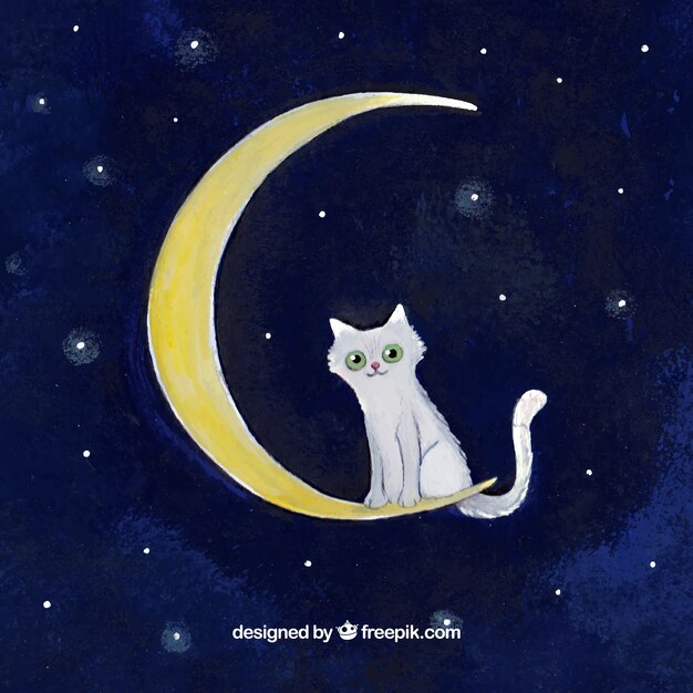 Watercolor background cat on the moon