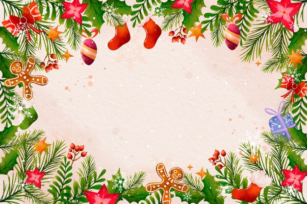 Watercolor background for christmas season celebration with ornaments and fir