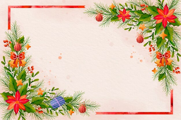 Watercolor background for christmas season celebration with ornaments and fir