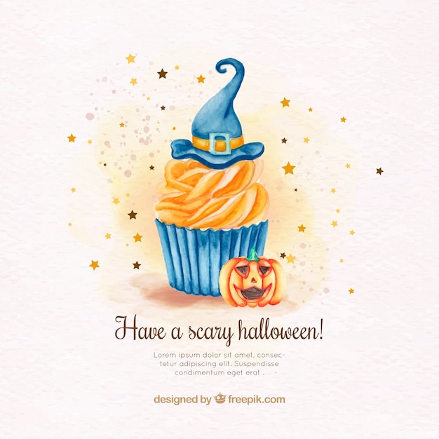 Watercolor background of cupcake with witch hat and pumpkin