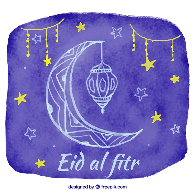 Watercolor background of eid al fitr with moon and stars