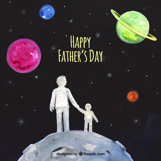 Watercolor background of the father with his son in space