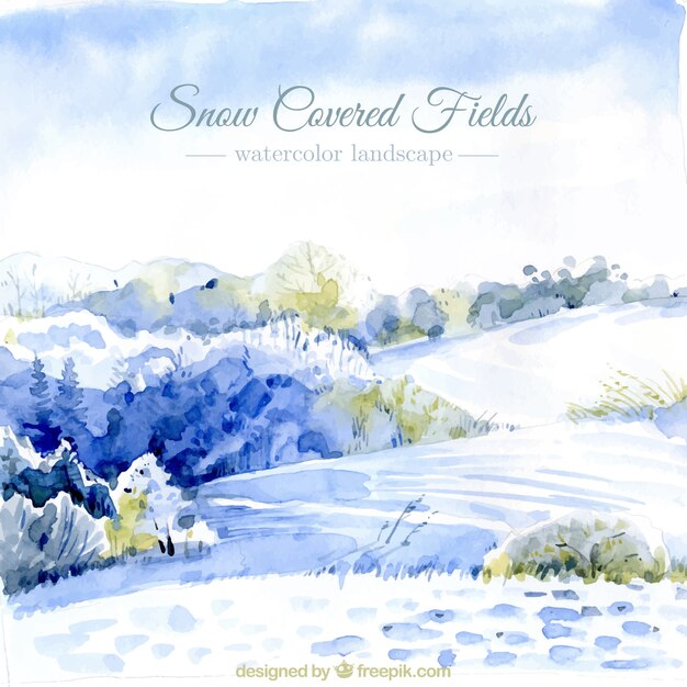 Watercolor background of field covered with snow