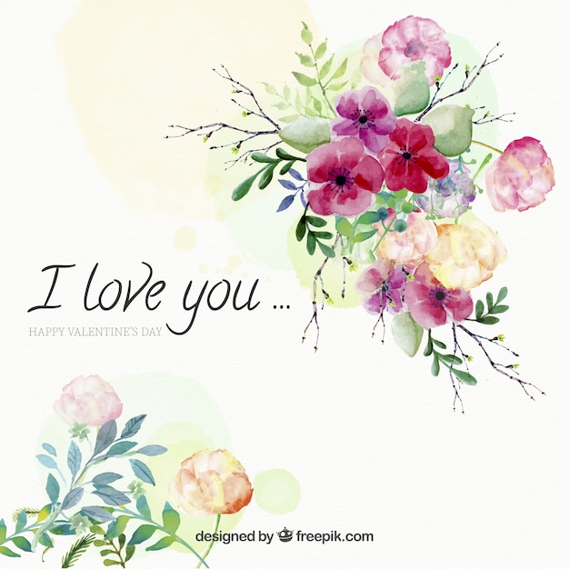 Watercolor background of flowers with love message 