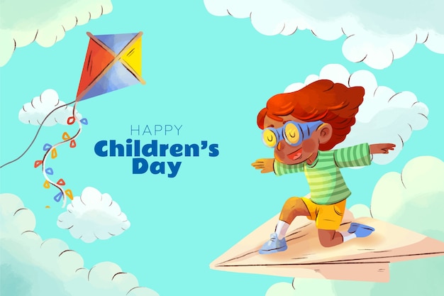 무료 벡터 아이들이 놀고 있는 세계 어린이날 축하를 위한 수채화 배경