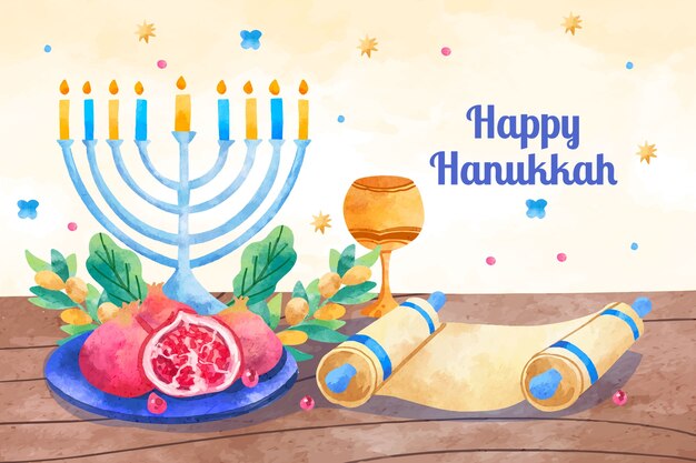 Watercolor background for hanukkah celebration with menorah and scroll