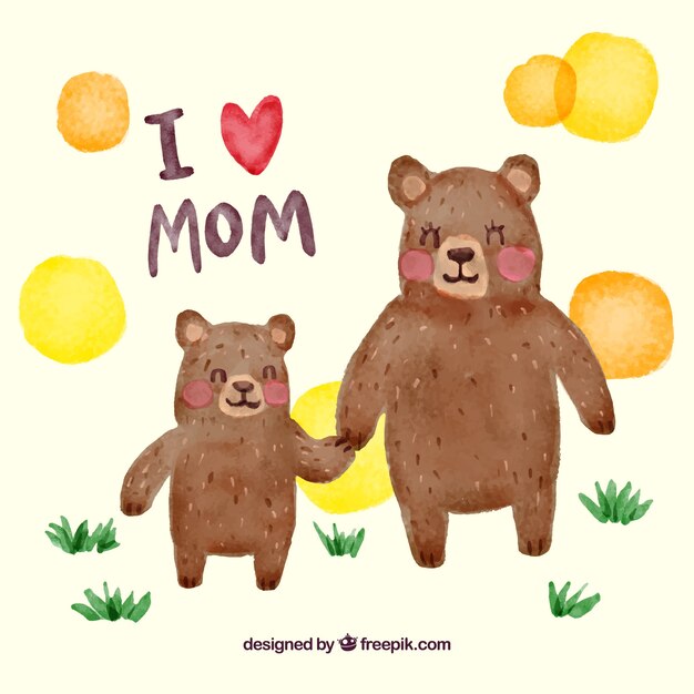 Watercolor background of happy bears for mother's day