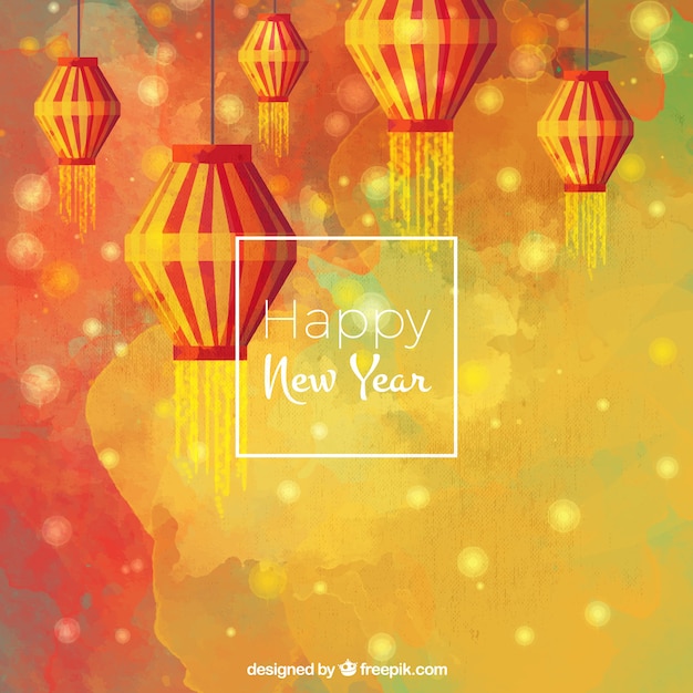 Free vector watercolor background of happy chinese new year with lanterns