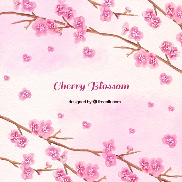 ピンクの花の枝の水彩画の背景