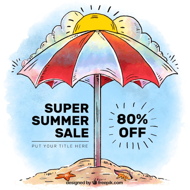 मुफ़्त वेक्टर watercolor background of sale with umbrella on the beach