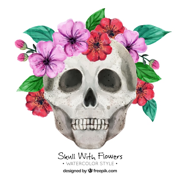 Watercolor background of skull with flowers
