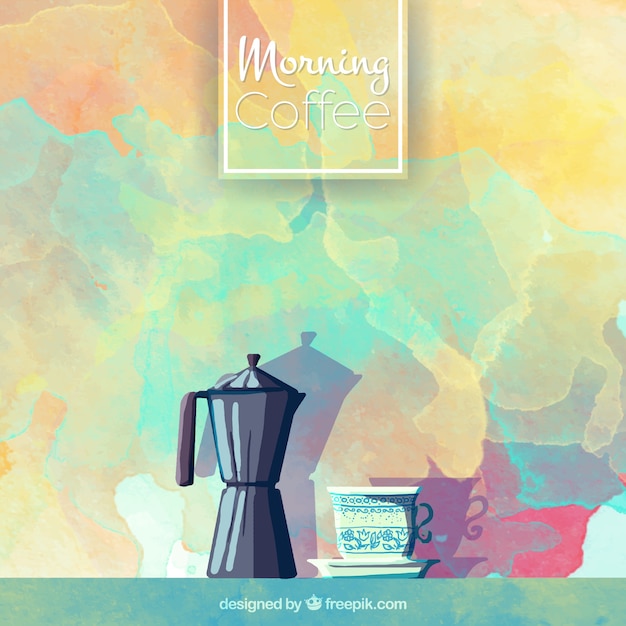 Watercolor background with coffee maker and cup