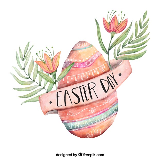 Watercolor background with easter egg and decorative flowers