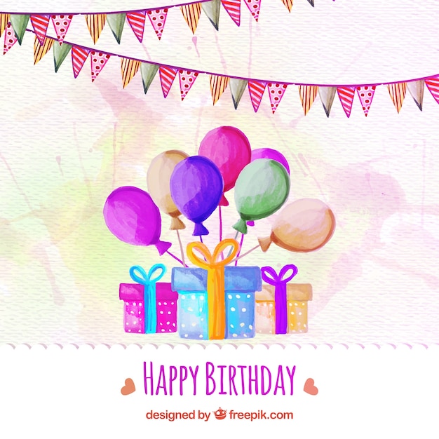 Free vector watercolor background with gifts and balloons