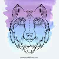 Free vector watercolor background with hand drawn wolf