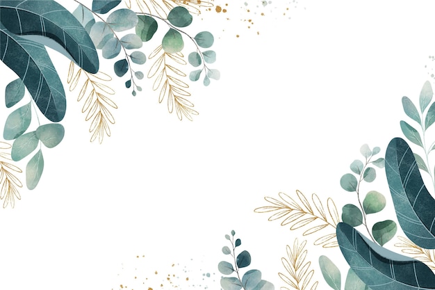 Watercolor background with leaves and metallic foil