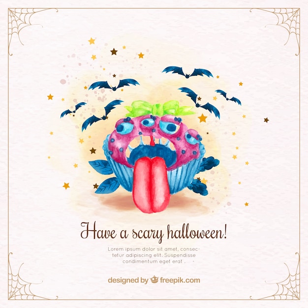 Watercolor background with monstrous halloween cupcake