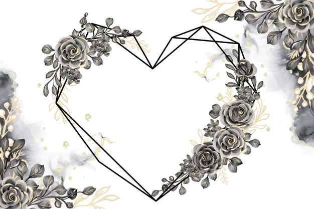 로즈 골드 블랙 수채화 배경과 잎 사랑 기하학 모양