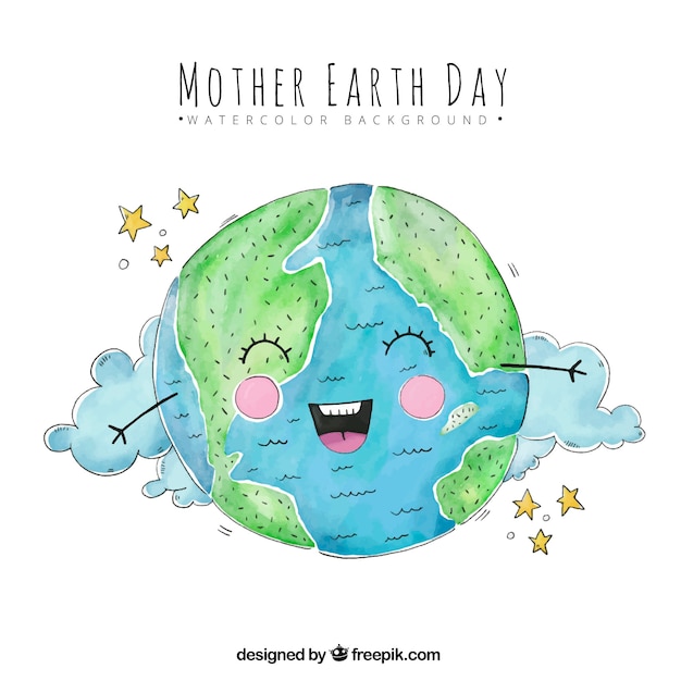 Watercolor background with smiling planet earth