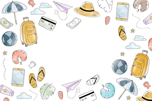 Free vector watercolor background with travel doodles