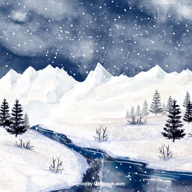 Watercolor background with winter landscape