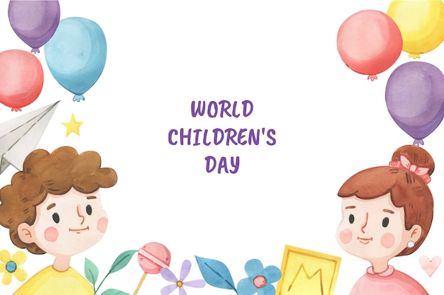 Watercolor background for world children's day celebration with kids playing