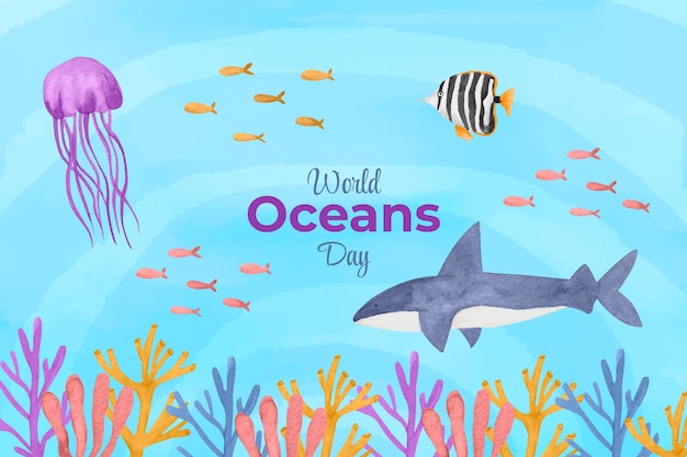 Free vector watercolor background for world oceans day celebration