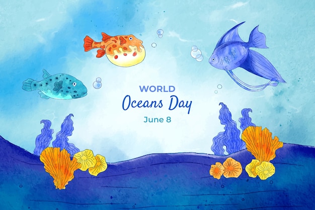 Watercolor background for world oceans day with aquatic creatures