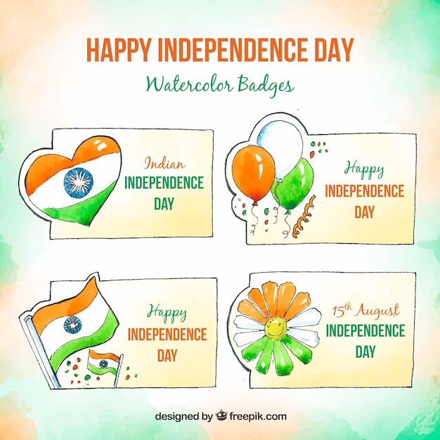 Watercolor badge collection for indian independence day