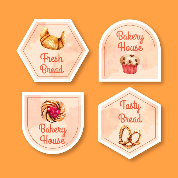 Free vector watercolor bakery labels collection with pastry