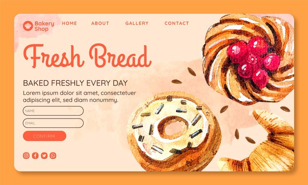 Watercolor bakery landing page template with pastry