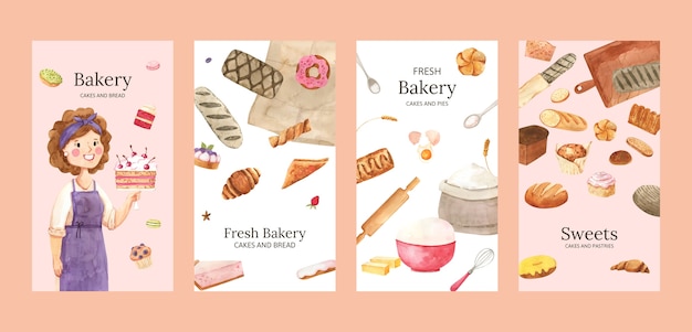 Free vector watercolor bakery shop instagram stories