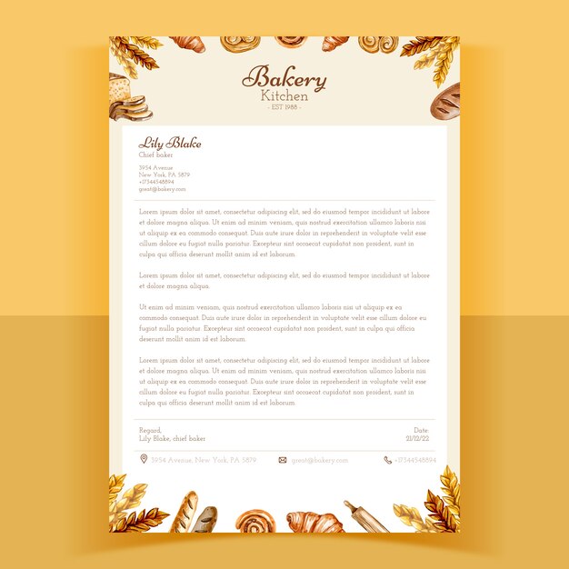 Watercolor bakery shop letterhead template