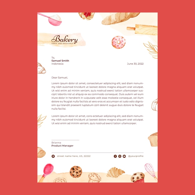 Free vector watercolor bakery shop letterhead