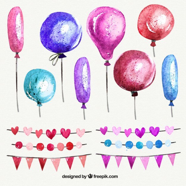 watercolor balloons and garlands in pink tones