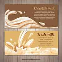 Free vector watercolor banners of fresh milk in brown tones