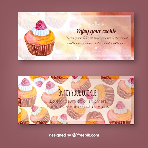 Watercolor banners with cupcakes