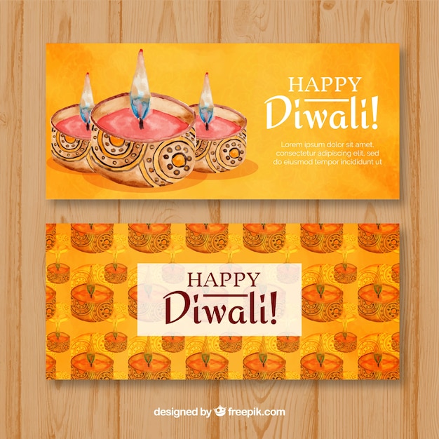 Free vector watercolor banners with diwali candles