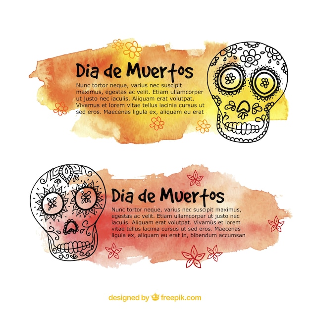 Watercolor banners with skulls for day of the dead
