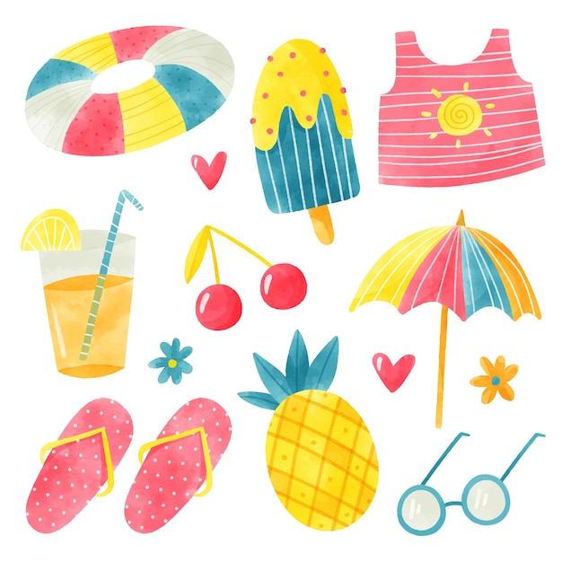 Free vector watercolor beach elements collection