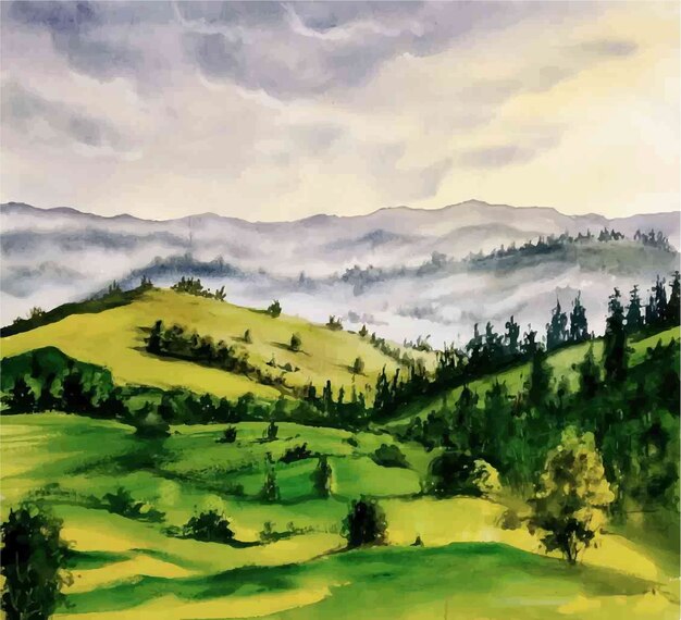 水彩の自然の風景と山の景色の手描きイラスト プレミアムベクター