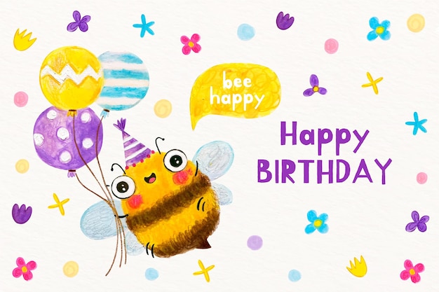 Watercolor birthday background with bee