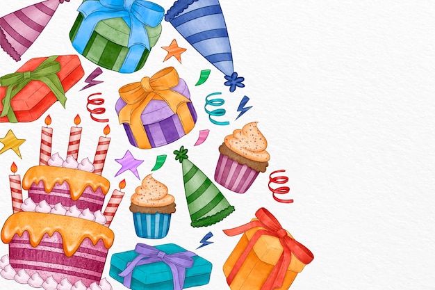 Watercolor birthday background with cake and gifts