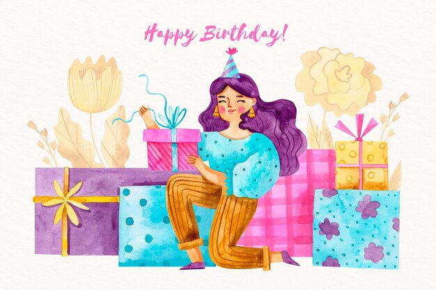 Watercolor birthday background with girl