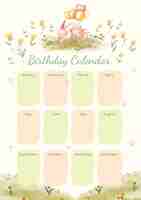 Free vector watercolor birthday calendar template