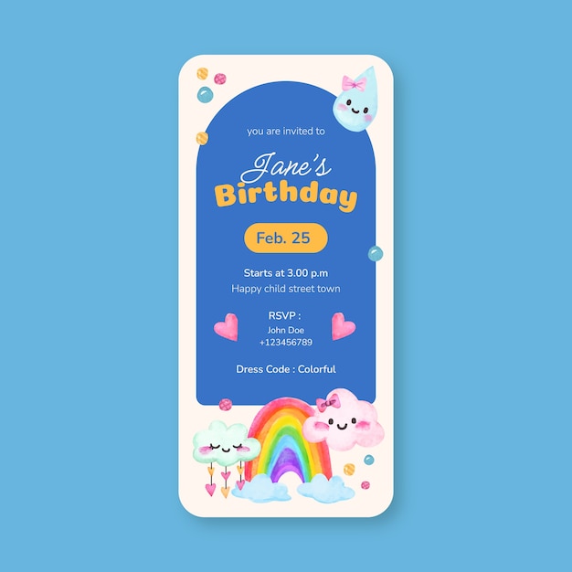 무료 벡터 수채화 생일 디지털 초대장